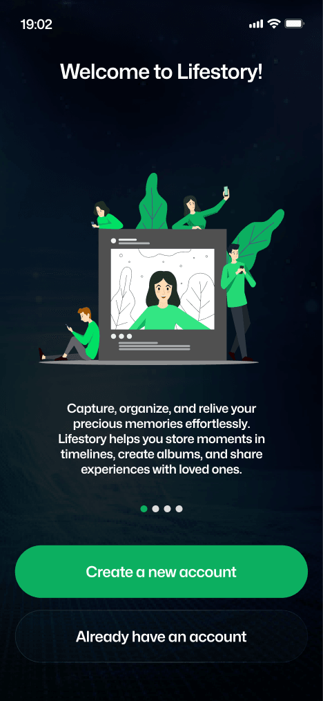 Lifestory welcome and onboarding screen