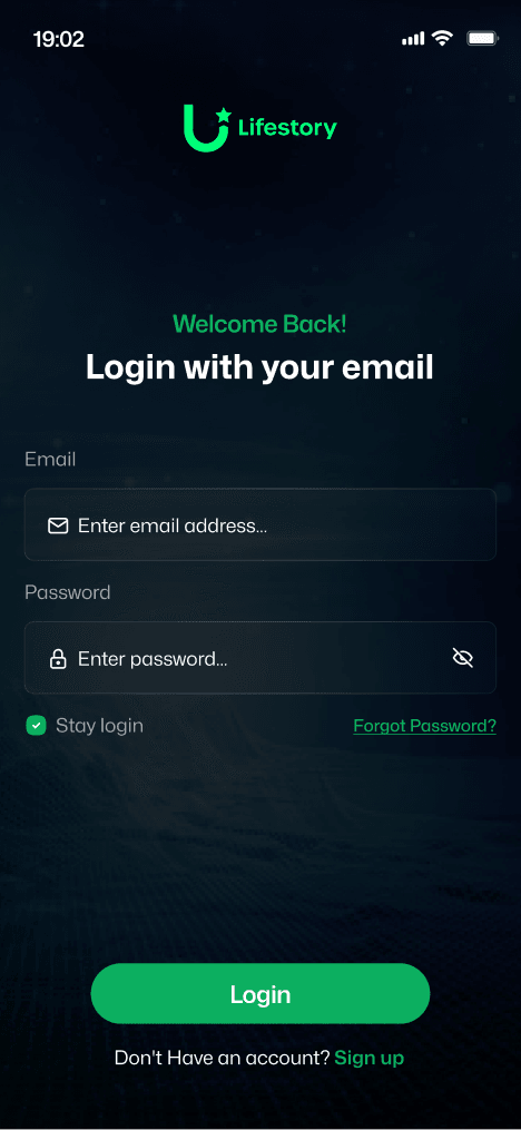 Lifestory email login screen