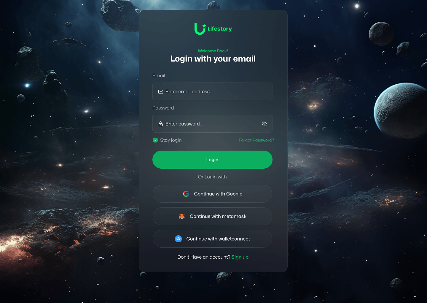 Lifestory web login with email and wallet options