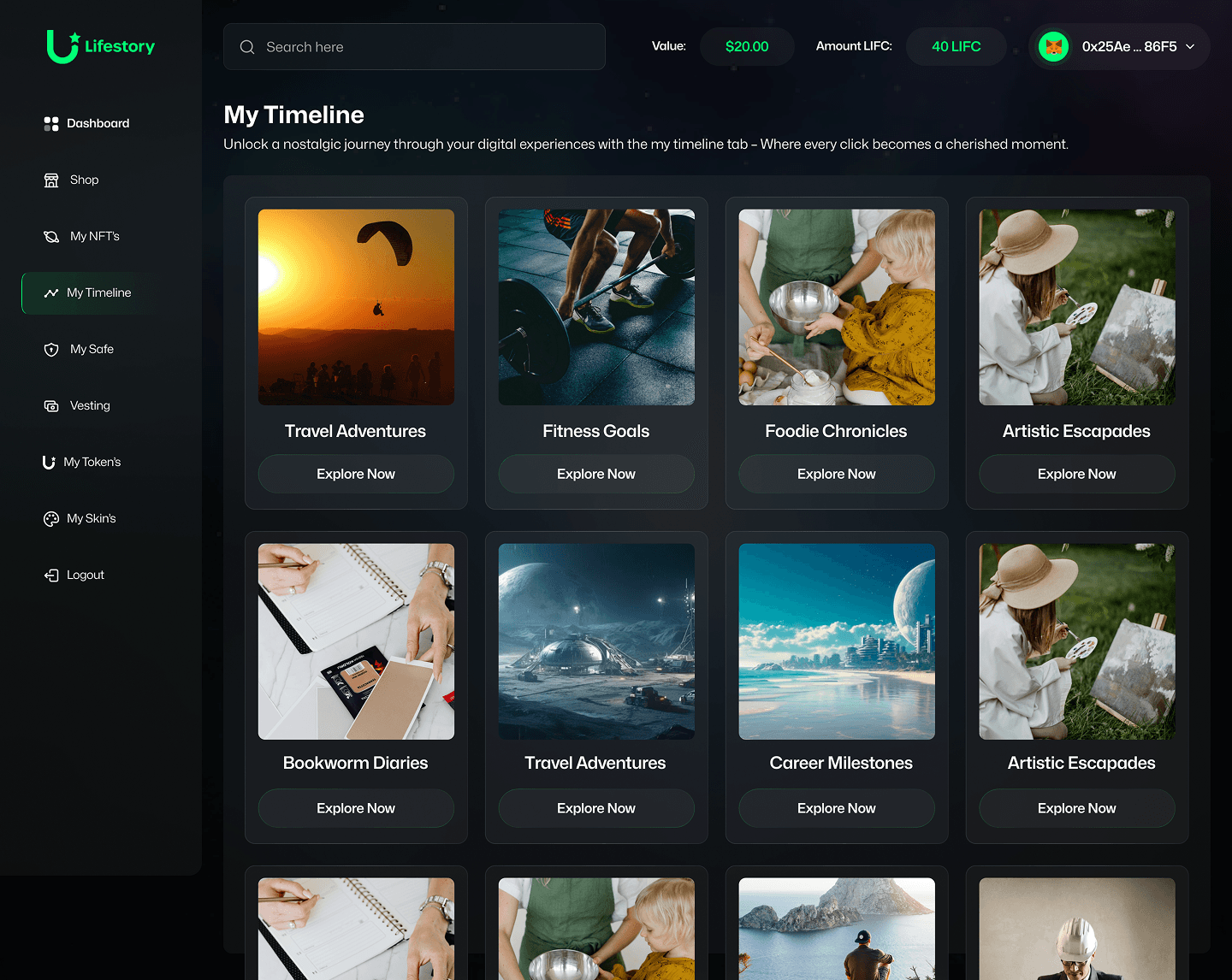 Lifestory Timeline — life category cards