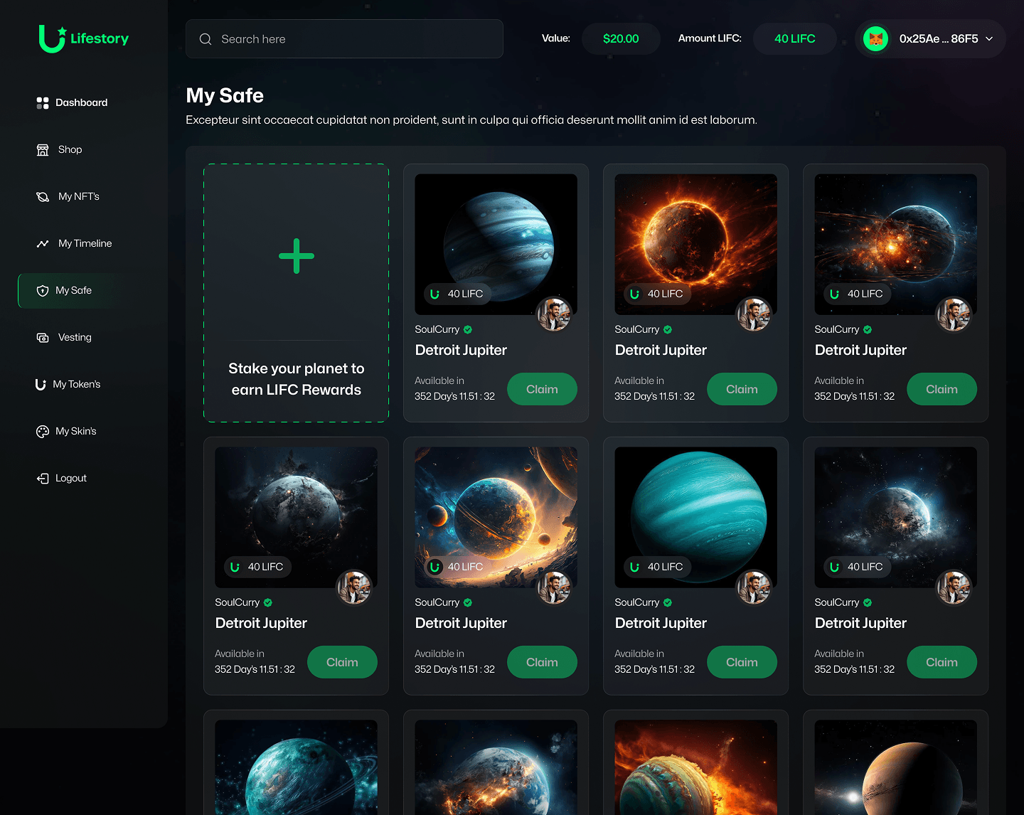 Lifestory My Safe — staking on desktop