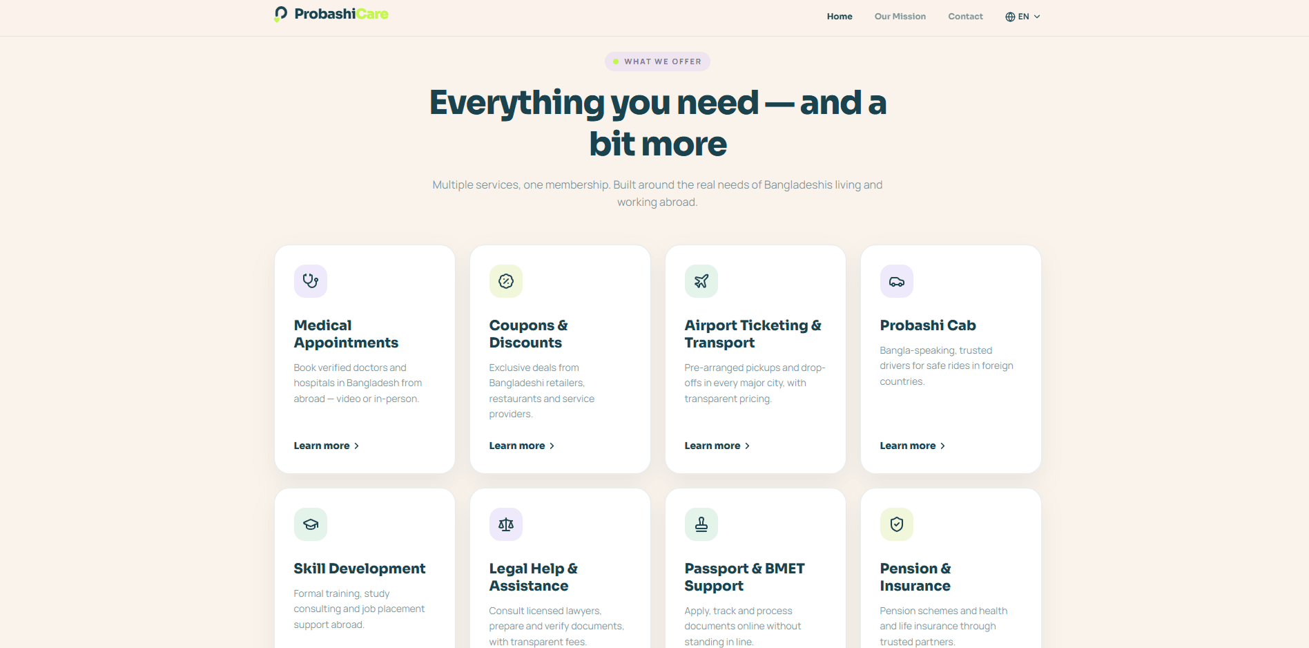 ProbashiCare website services grid with eight offerings